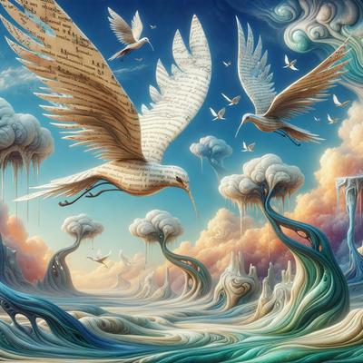 The primary subject of the image is a bird, which is flying through a cloudy sky. The bird is surrounded by several other birds, creating a lively and dynamic scene. The setting is a cloudy sky, which adds to the overall atmosphere of the image. The visual style is a combination of digital art and illustration, creating a vibrant and detailed scene. The colors in the image are predominantly blue and white, giving the scene a calm and serene mood.